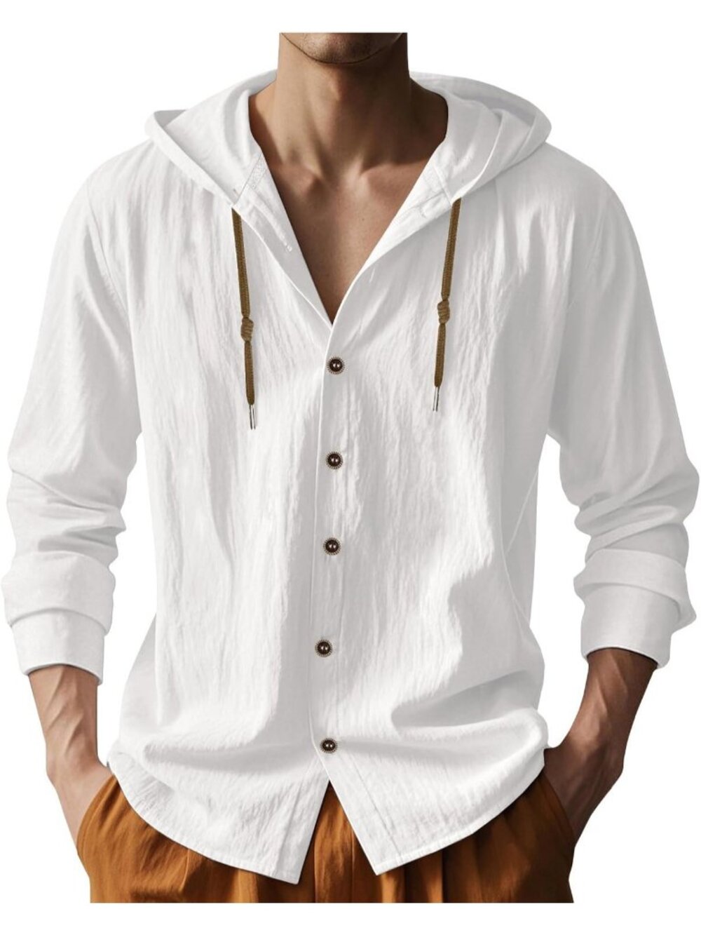 Men's White Cotton Linen Long Sleeve Top Casual Lightweight Button Down Hoodie